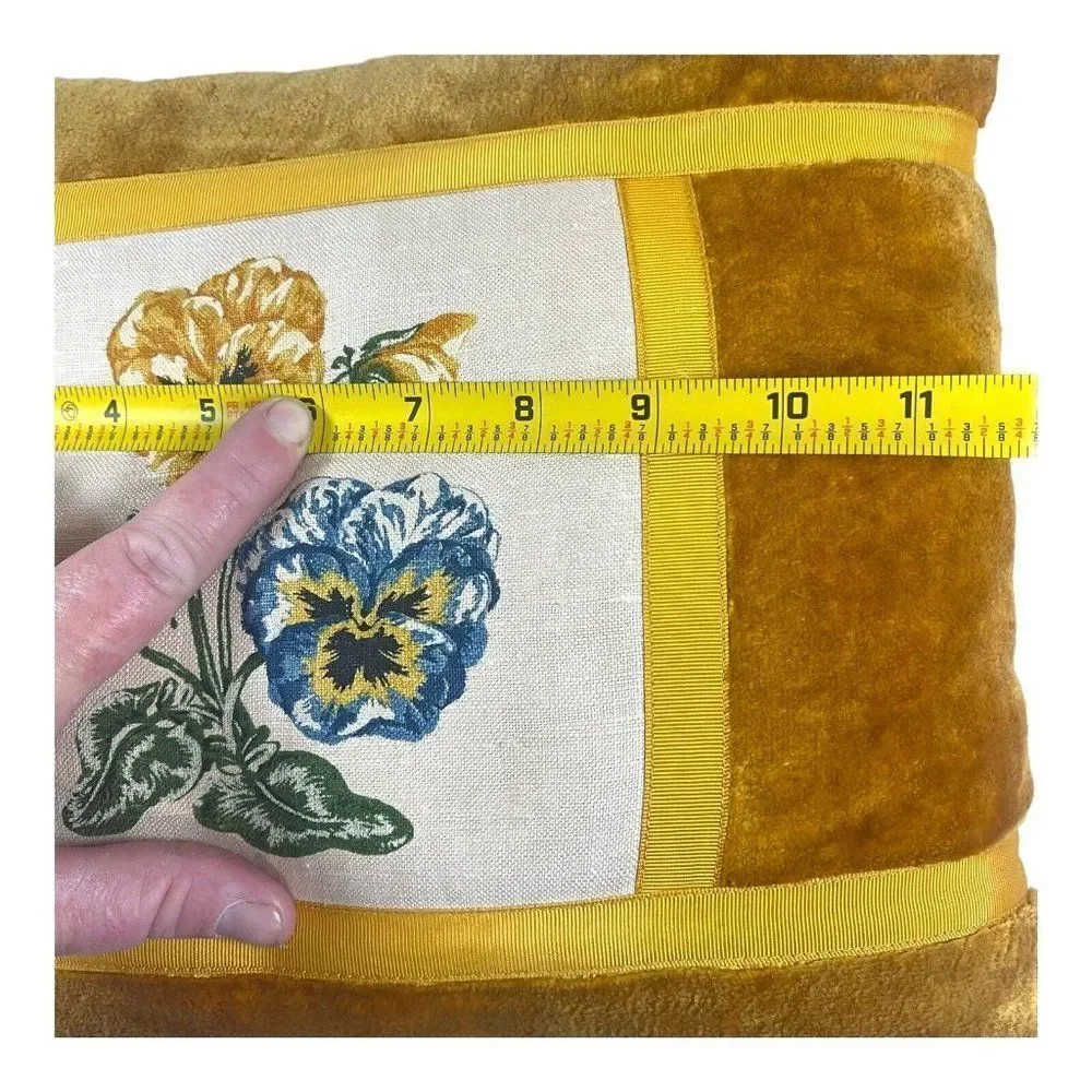 Vintage Handmade Pansy Panel MCM Retro Cottagecore Gold Yellow Pillow 11” Square